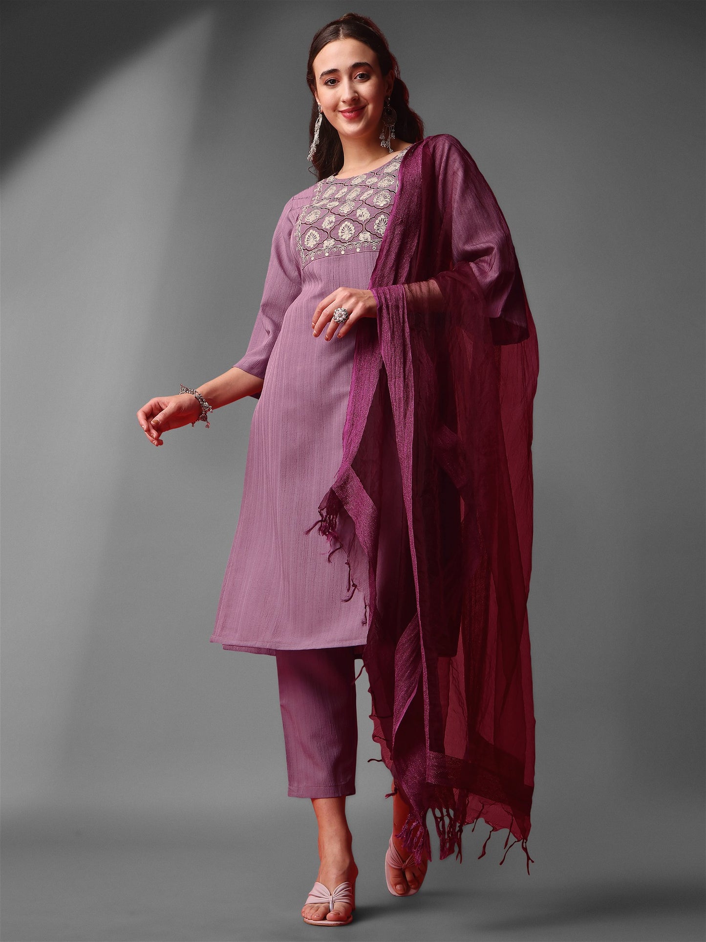 Purple Party Wear Embroidery Worked Kurta With Pant And Duppata Set - VOGUEHAVENSTORE