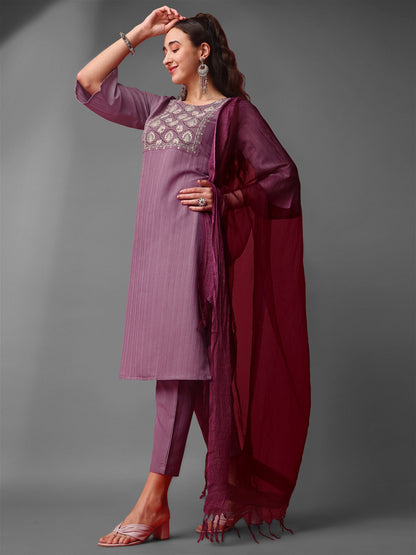 Purple Party Wear Embroidery Worked Kurta With Pant And Duppata Set - VOGUEHAVENSTORE