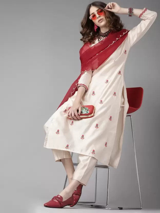 White Party Wear Embroidery Worked Kurta With Pant And Duppata Set - VOGUEHAVENSTORE