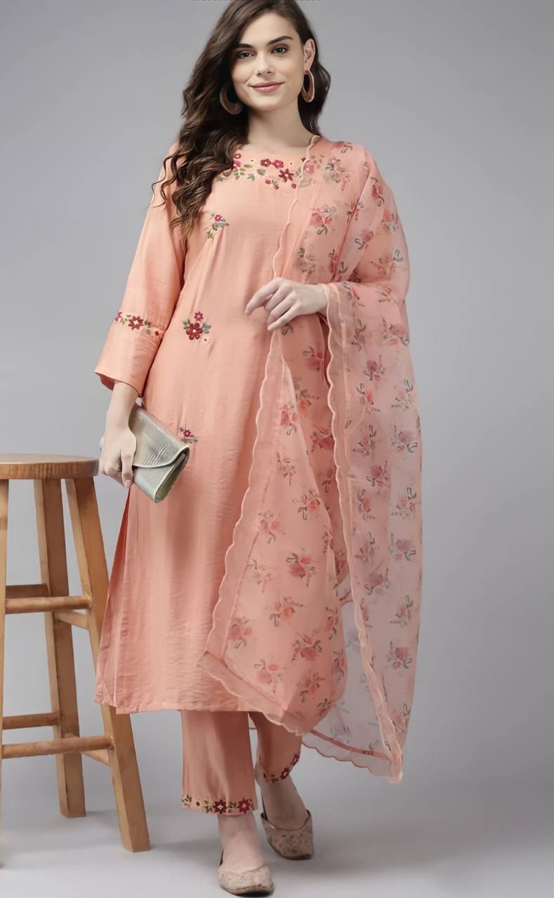 Peach Party Wear Embroidery Worked Kurta With Pant And Duppata Set - VOGUEHAVENSTORE