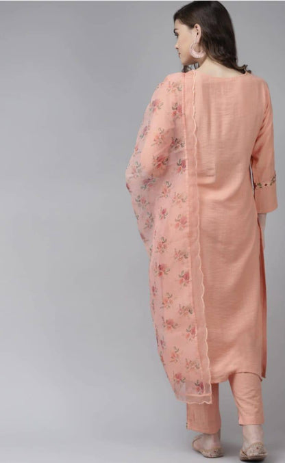 Peach Party Wear Embroidery Worked Kurta With Pant And Duppata Set - VOGUEHAVENSTORE