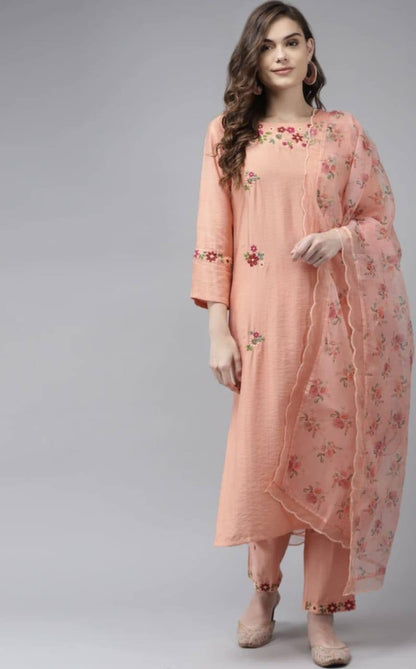 Peach Party Wear Embroidery Worked Kurta With Pant And Duppata Set - VOGUEHAVENSTORE