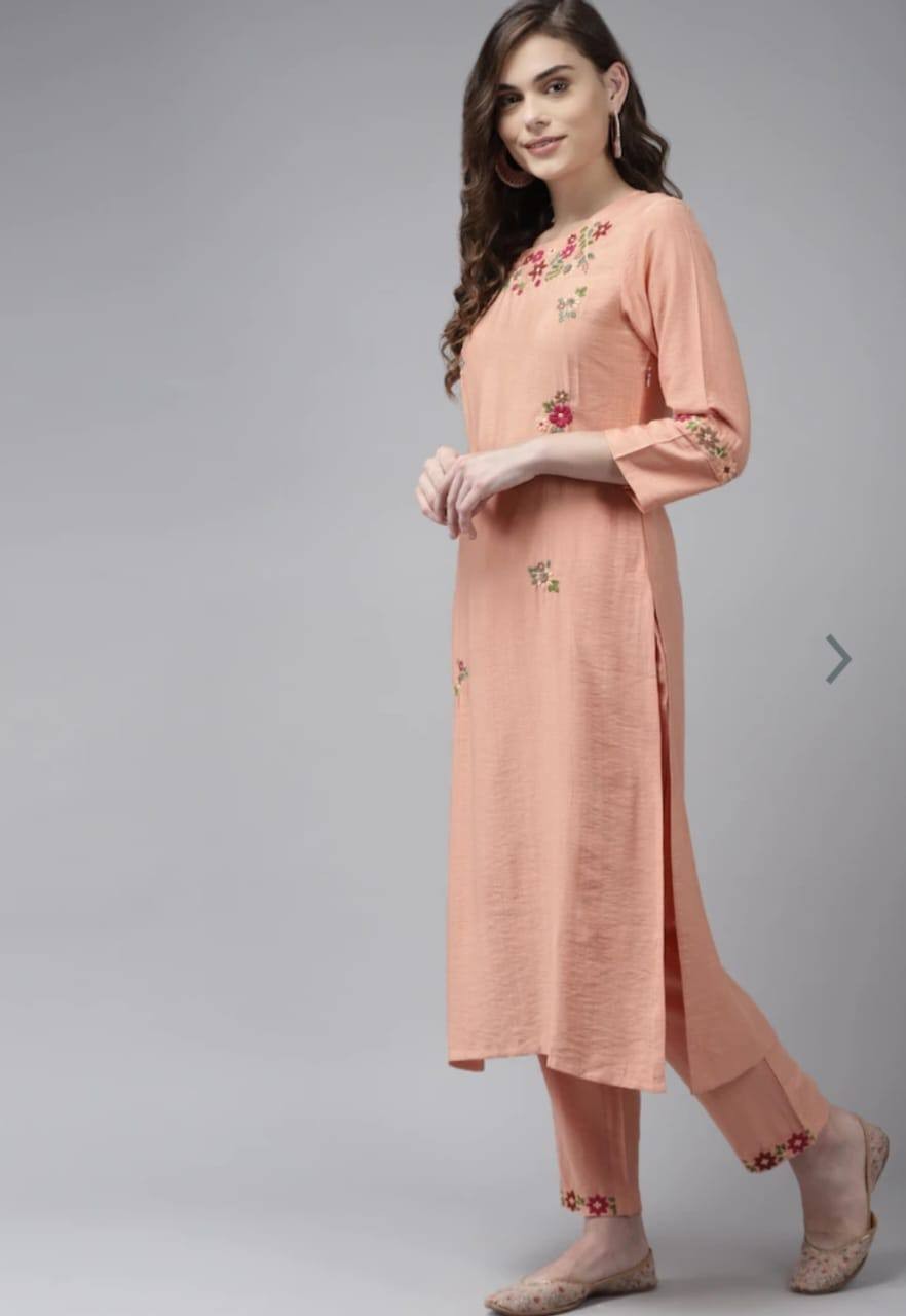 Peach Party Wear Embroidery Worked Kurta With Pant And Duppata Set - VOGUEHAVENSTORE