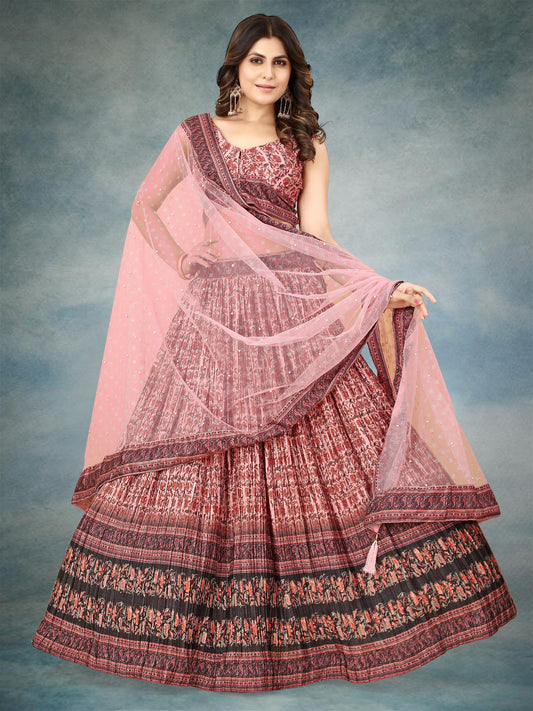 Pink Digital Printed Crape Pleated Lehenga Choli For Women - VOGUEHAVENSTORE