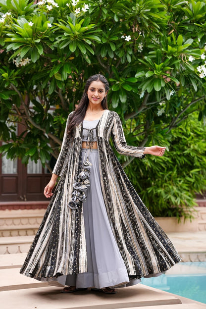 Light Gray Printed Shrug Style Indo Western Gown For Women - VOGUEHAVENSTORE