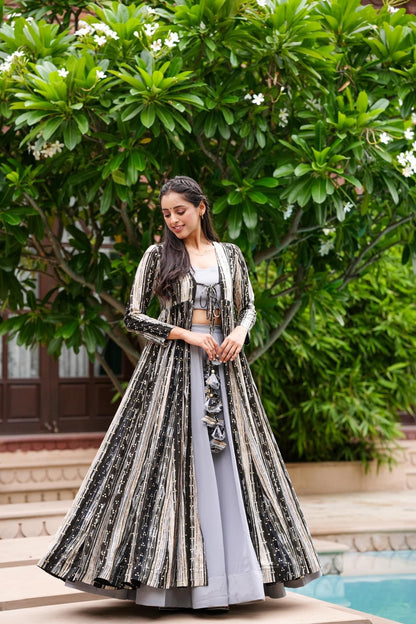 Light Gray Printed Shrug Style Indo Western Gown For Women - VOGUEHAVENSTORE