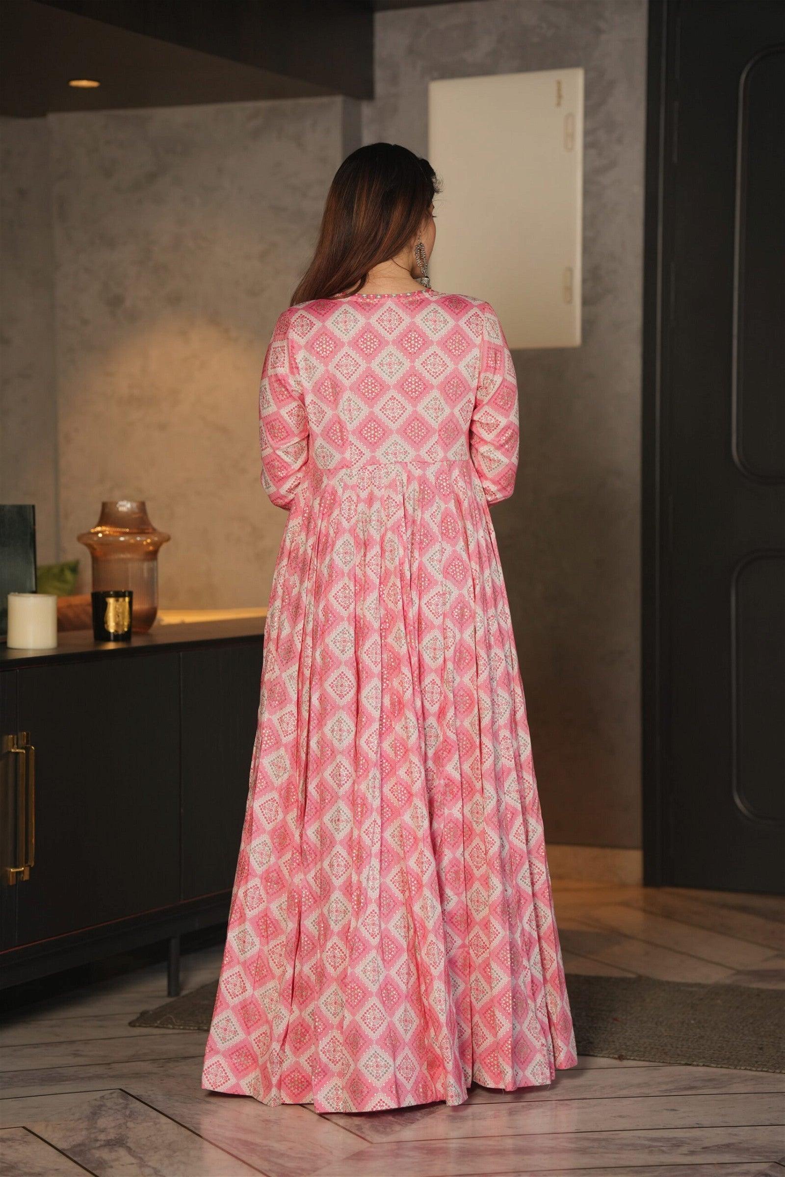 Barbie Pink Printed Shrug Style Indo Western Gown For Women - VOGUEHAVENSTORE