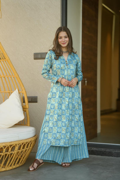 Digital Printed Pure Muslin Casual Wear Kurti Palazzo In Blue - VOGUEHAVENSTORE