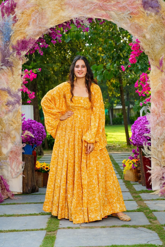 Yellow Beautiful and Stylish Full Flair Gown for Women - VOGUEHAVENSTORE