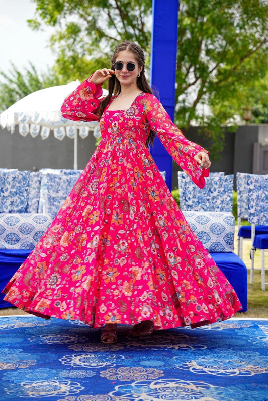 Pink Floral Designer and Stylish Full Flair Gown For Women - VOGUEHAVENSTORE