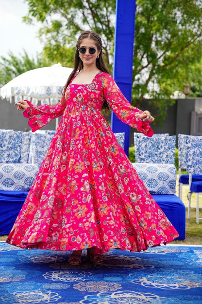 Pink Floral Designer and Stylish Full Flair Gown For Women - VOGUEHAVENSTORE