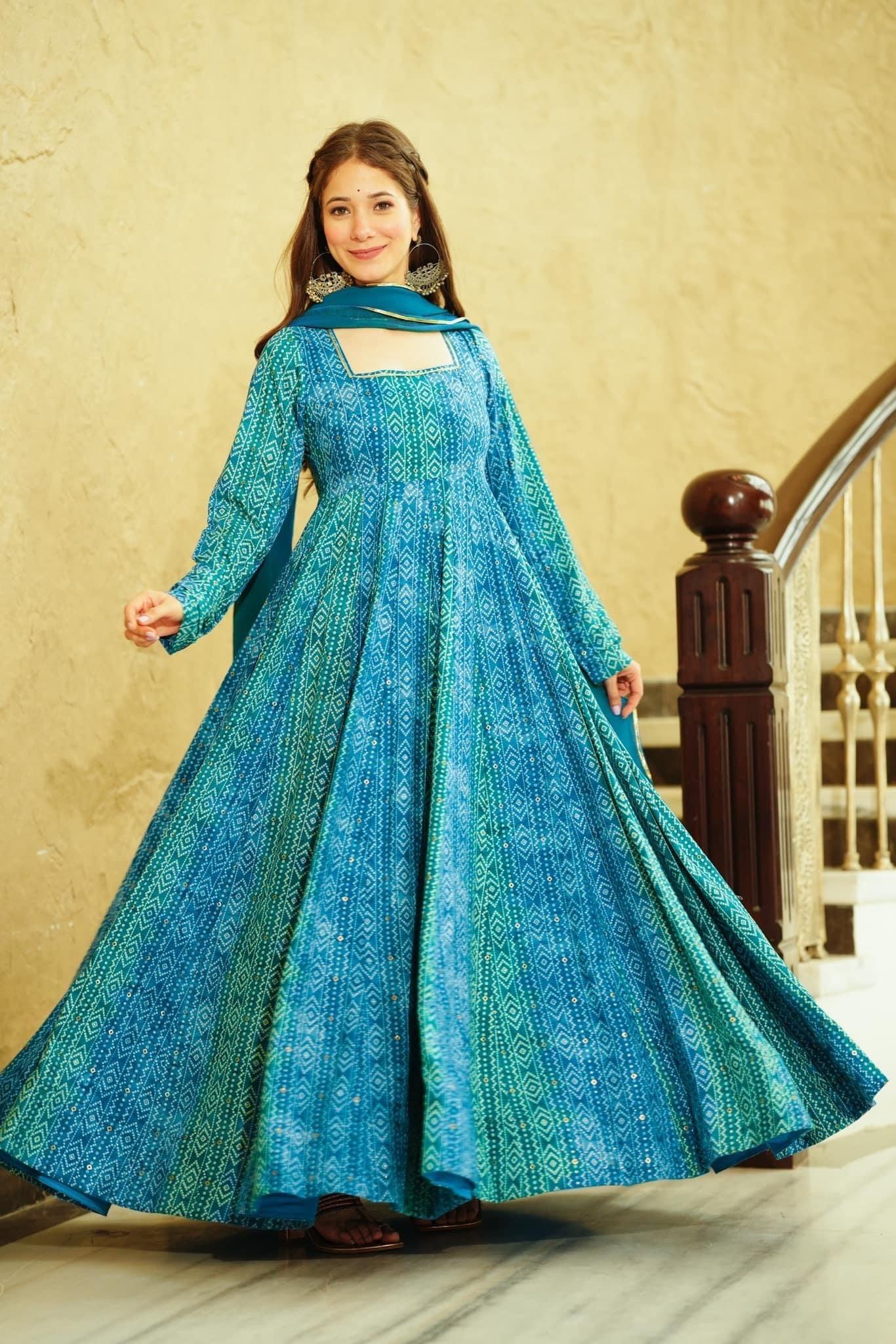 Blue Color Beautiful and Stylish Full Flair Gown for Women - VOGUEHAVENSTORE