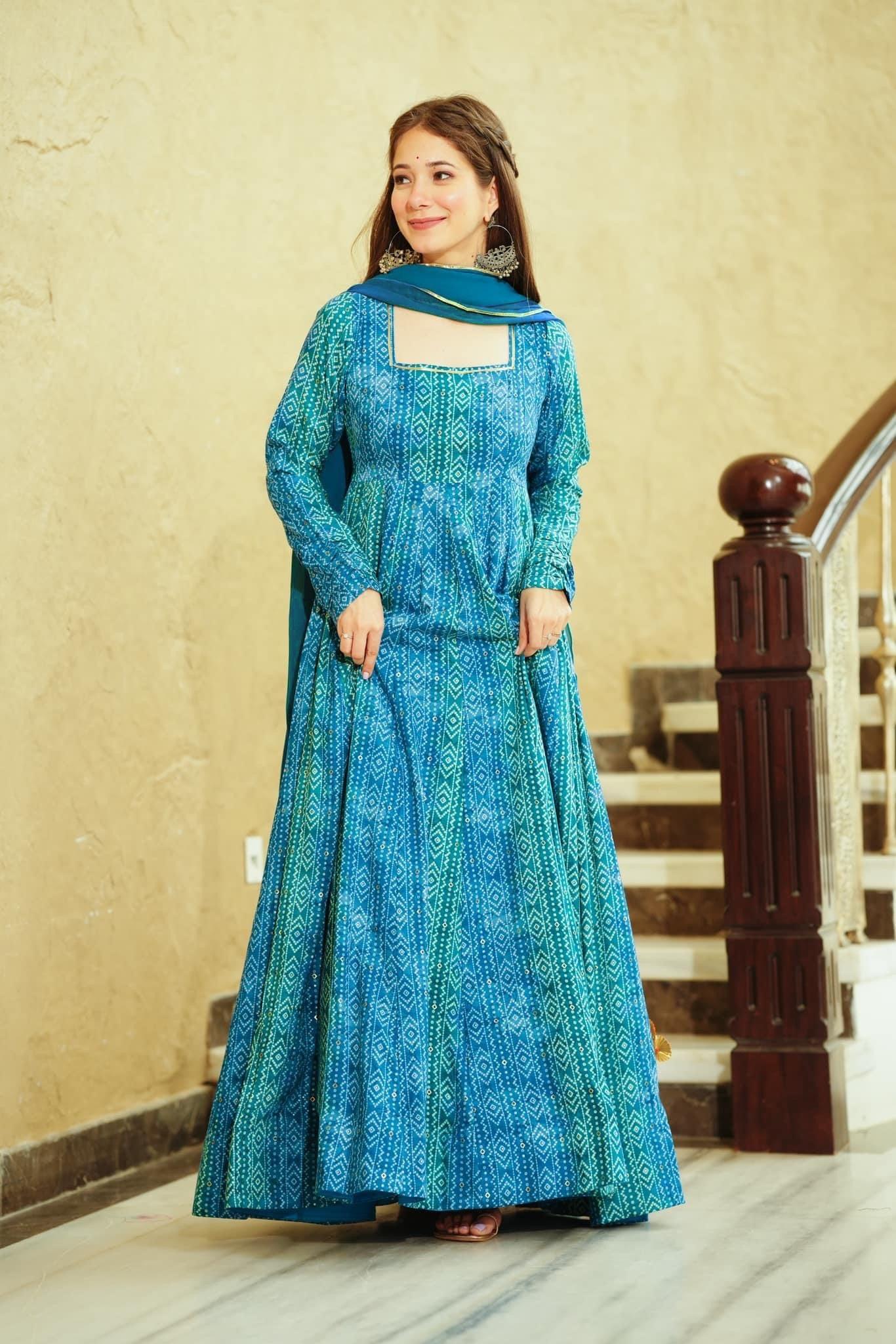 Blue Color Beautiful and Stylish Full Flair Gown for Women - VOGUEHAVENSTORE