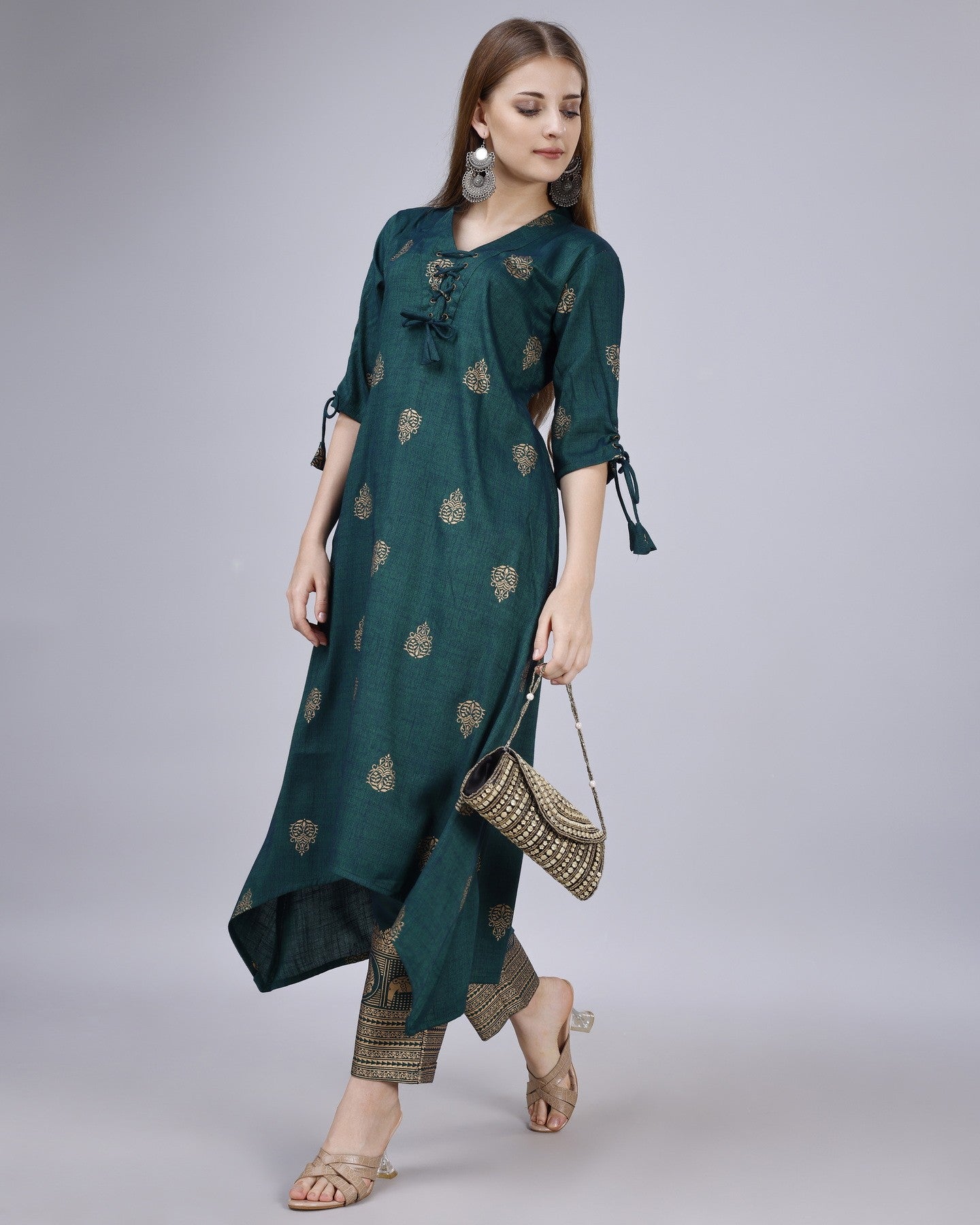 Ethnic Motifs Regular Chanderi Cotton Kurta with Churidar - VOGUEHAVENSTORE