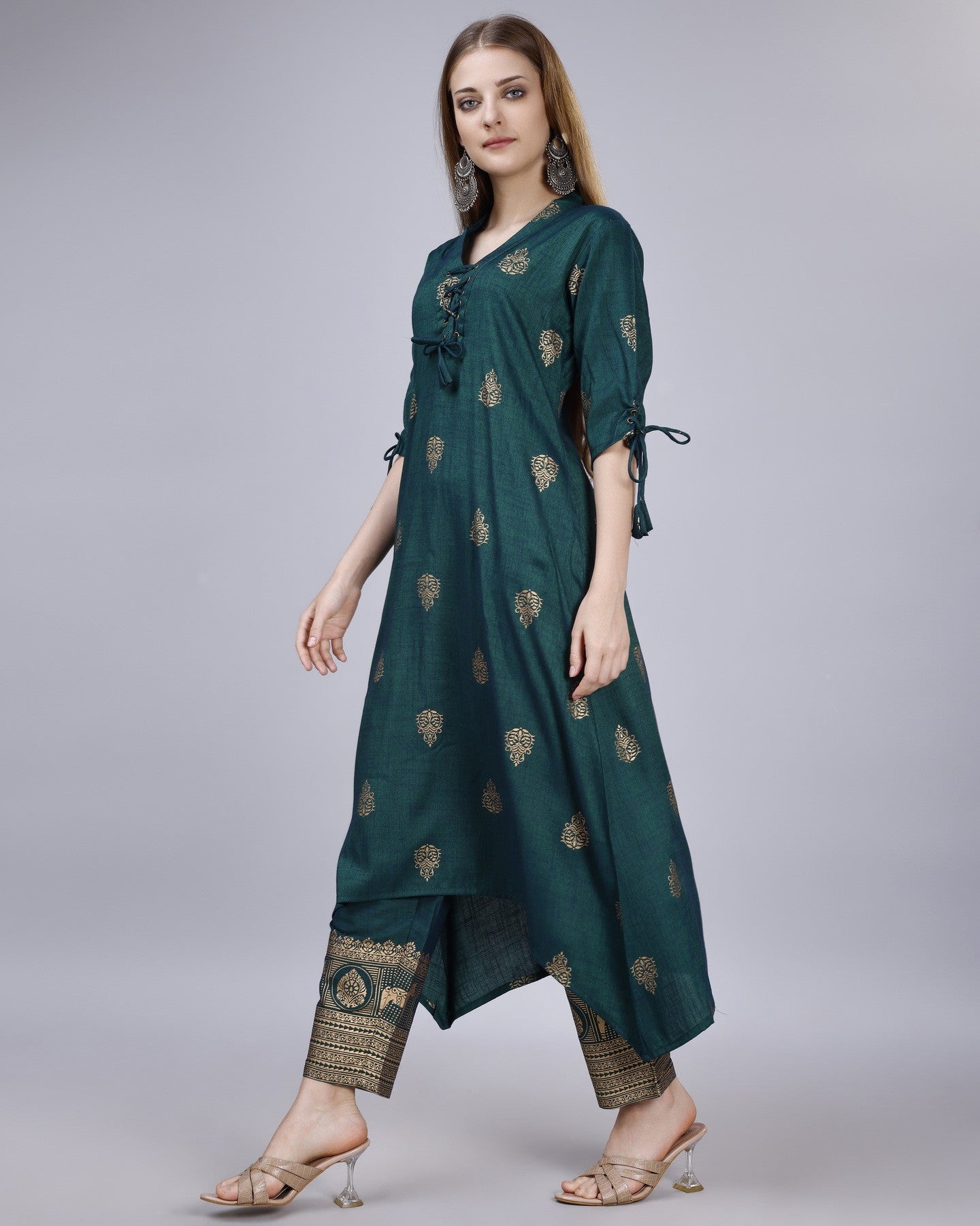 Ethnic Motifs Regular Chanderi Cotton Kurta with Churidar - VOGUEHAVENSTORE