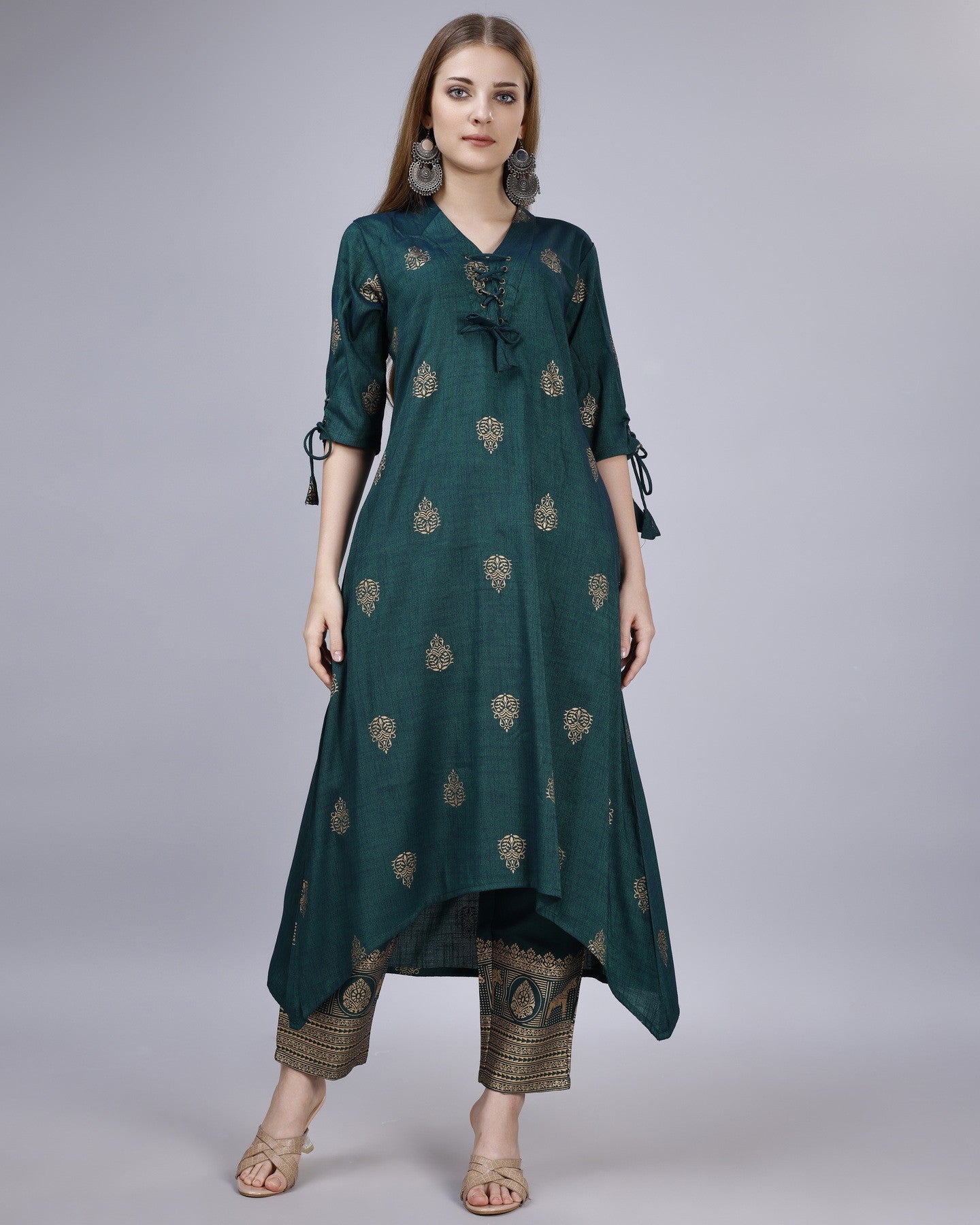 Ethnic Motifs Regular Chanderi Cotton Kurta with Churidar - VOGUEHAVENSTORE