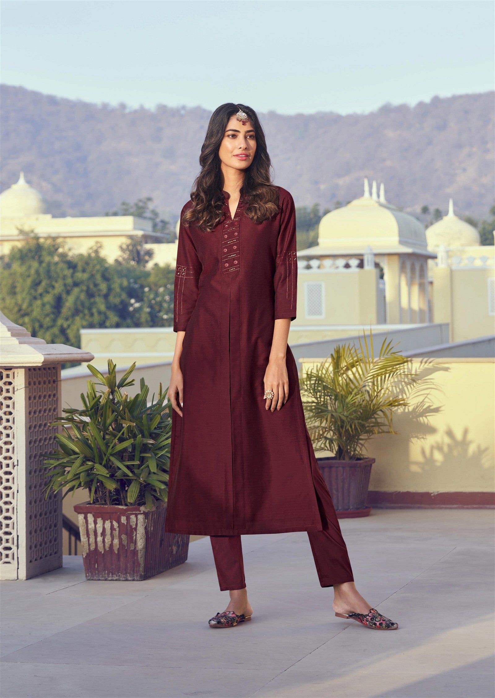 Wine Color Latest Roman Silk Kurti With Pant - VOGUEHAVENSTORE