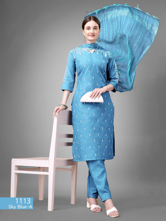 Voguehaven Sky Blue Women's Tranding Cotton blend Kurti,Pant with Dupatta - VOGUEHAVENSTORE