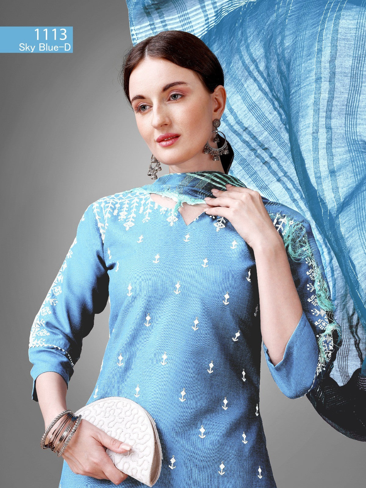 Voguehaven Sky Blue Women's Tranding Cotton blend Kurti,Pant with Dupatta - VOGUEHAVENSTORE