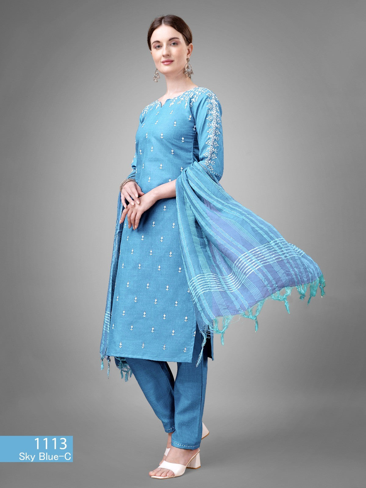 Voguehaven Sky Blue Women's Tranding Cotton blend Kurti,Pant with Dupatta - VOGUEHAVENSTORE