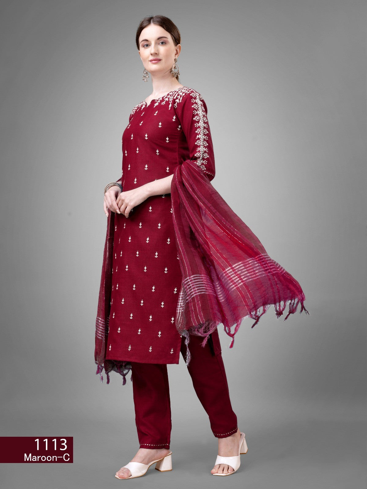 Voguehaven Women's Maroon Color Cotton Bland Embroidery With Sequence Work Kurta Pant With Dupatta Set - VOGUEHAVENSTORE