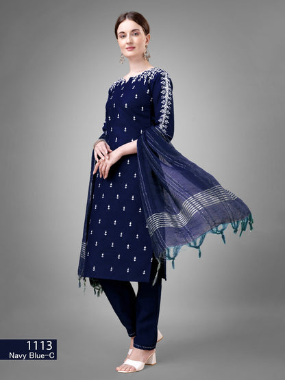 Voguehaven Dark Blue Kurti Set Cotton Blend Kurti With Bottom Dupatta Collection - VOGUEHAVENSTORE