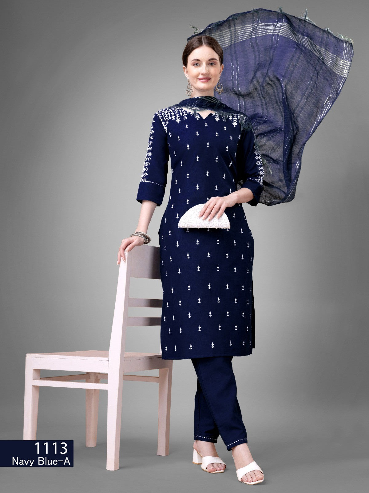 Voguehaven Dark Blue Kurti Set Cotton Blend Kurti With Bottom Dupatta Collection - VOGUEHAVENSTORE