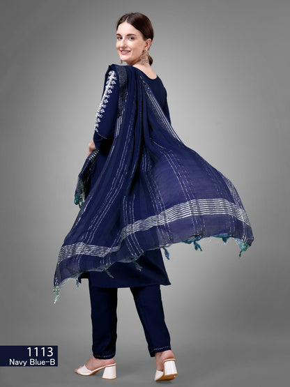 Voguehaven Dark Blue Kurti Set Cotton Blend Kurti With Bottom Dupatta Collection - VOGUEHAVENSTORE