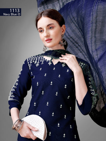 Voguehaven Dark Blue Kurti Set Cotton Blend Kurti With Bottom Dupatta Collection - VOGUEHAVENSTORE