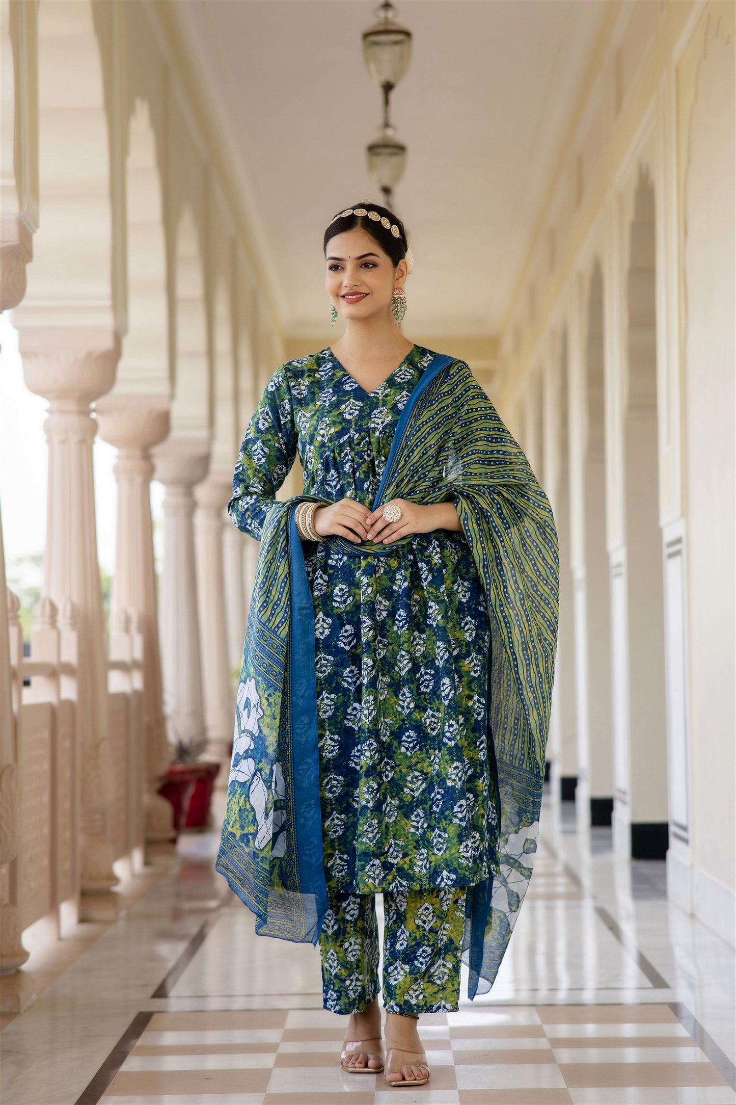 Women Printed A-Line Kurta and Pant Set with Dupatta Set - VOGUEHAVENSTORE