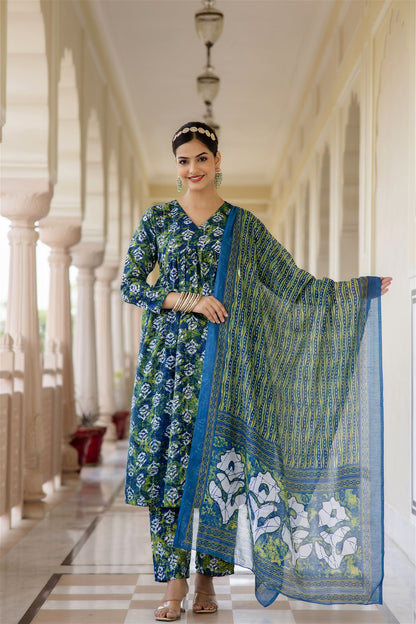 Women Printed A-Line Kurta and Pant Set with Dupatta Set - VOGUEHAVENSTORE