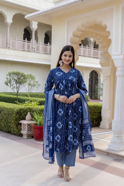 Women Blue Indigo Kurta and Pant Set With Dupatta - VOGUEHAVENSTORE