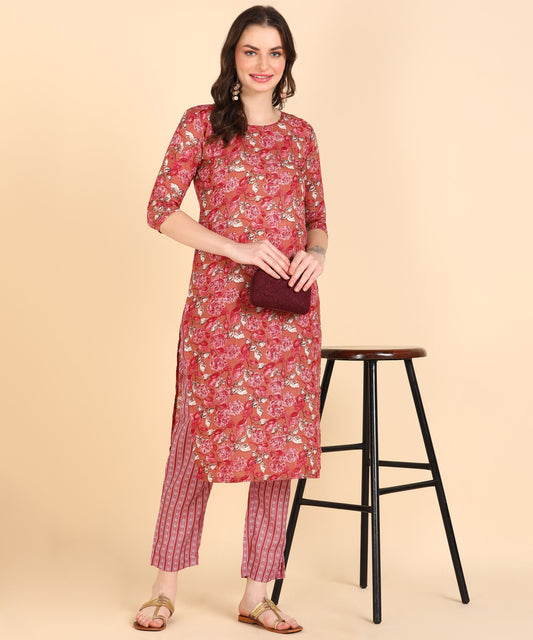 Voguehaven Women's Cotton Printed Straight Kurti With Pant Set - VOGUEHAVENSTORE