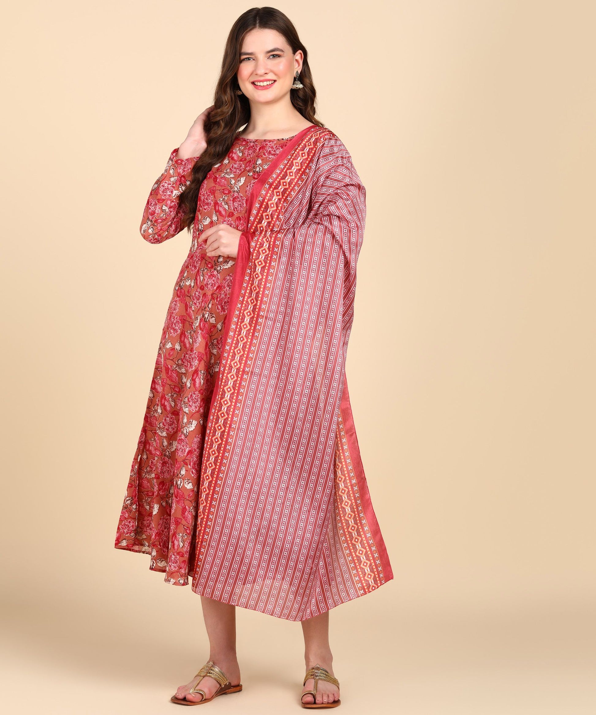 Voguehaven Women's Anarkali Cotton Printed Kurti With Dupatta Set - VOGUEHAVENSTORE