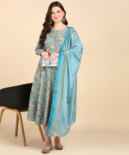 Voguehaven Women's Anarkali Cotton Printed Kurti With Dupatta Set - VOGUEHAVENSTORE